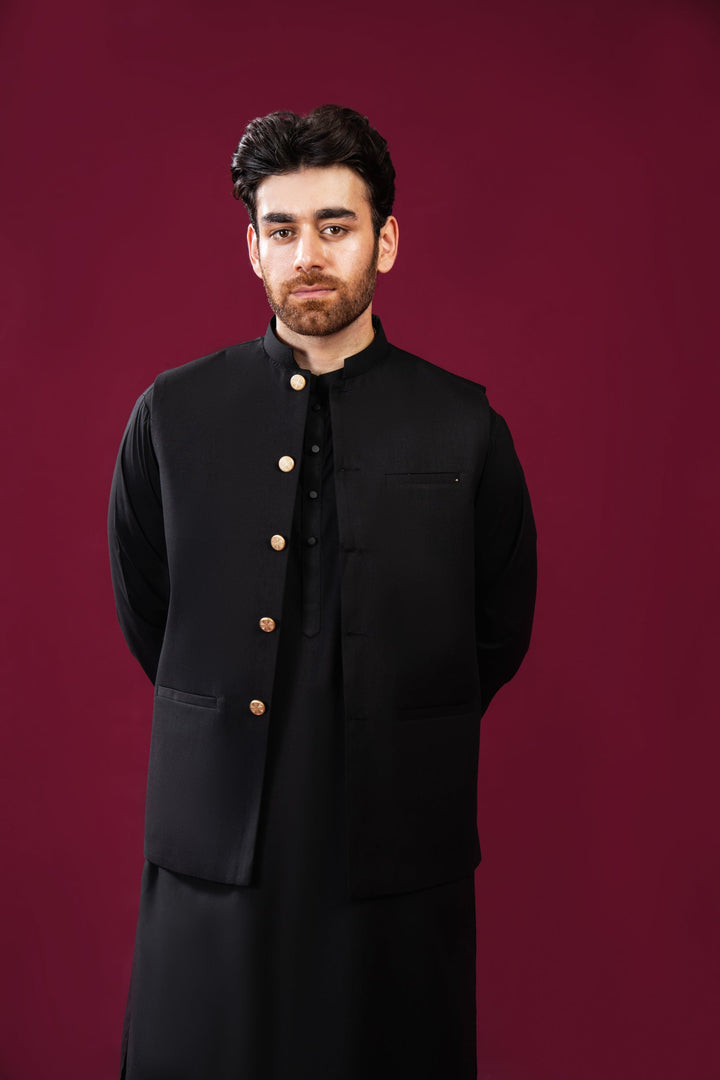 Muraqsh Ready To Wear Solids Cotton Men Black Blended Waistcoat Straight Cut Buttoned MUR-BBW - Summer Collection