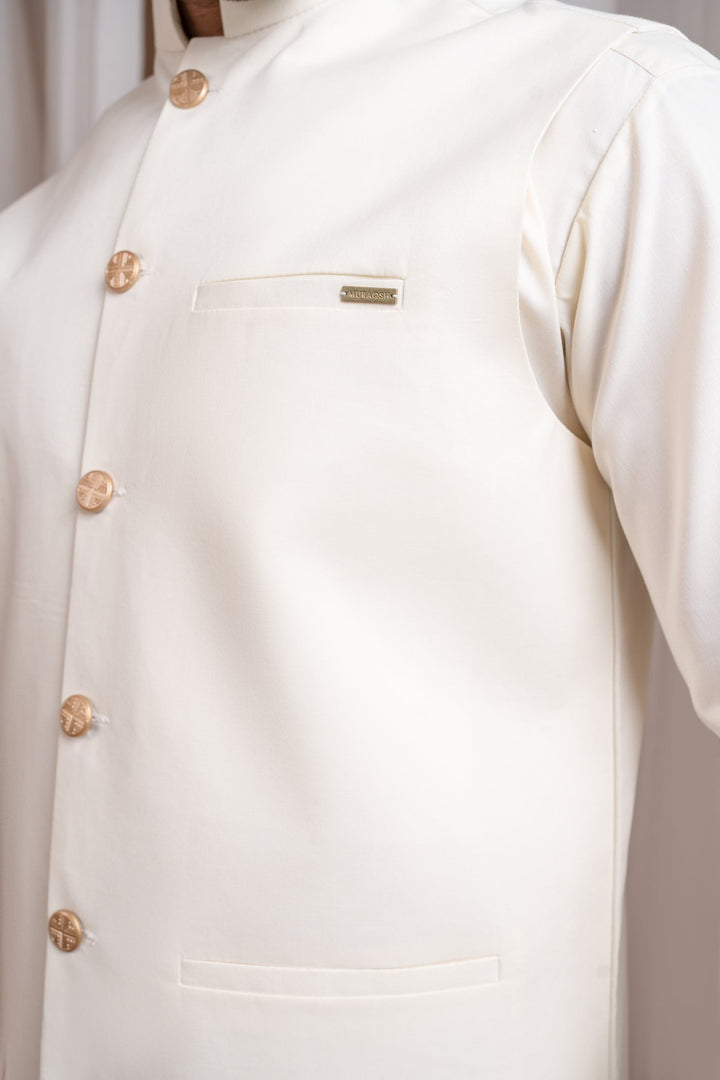 Muraqsh Ready To Wear Solids Bosky Men Bosky White Luxury Blended Waistcoat Straigth Cut Buttoned MUR-BWLBW - Summer Collection