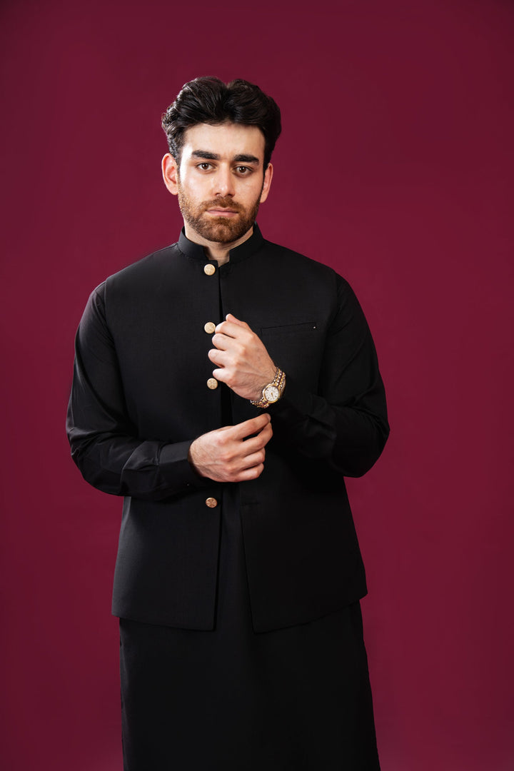 Muraqsh Ready To Wear Solids Cotton Men Black Kurta Trouser with Blended Waistcoat Straight Cut MUR-BKTWB - Summer Collection