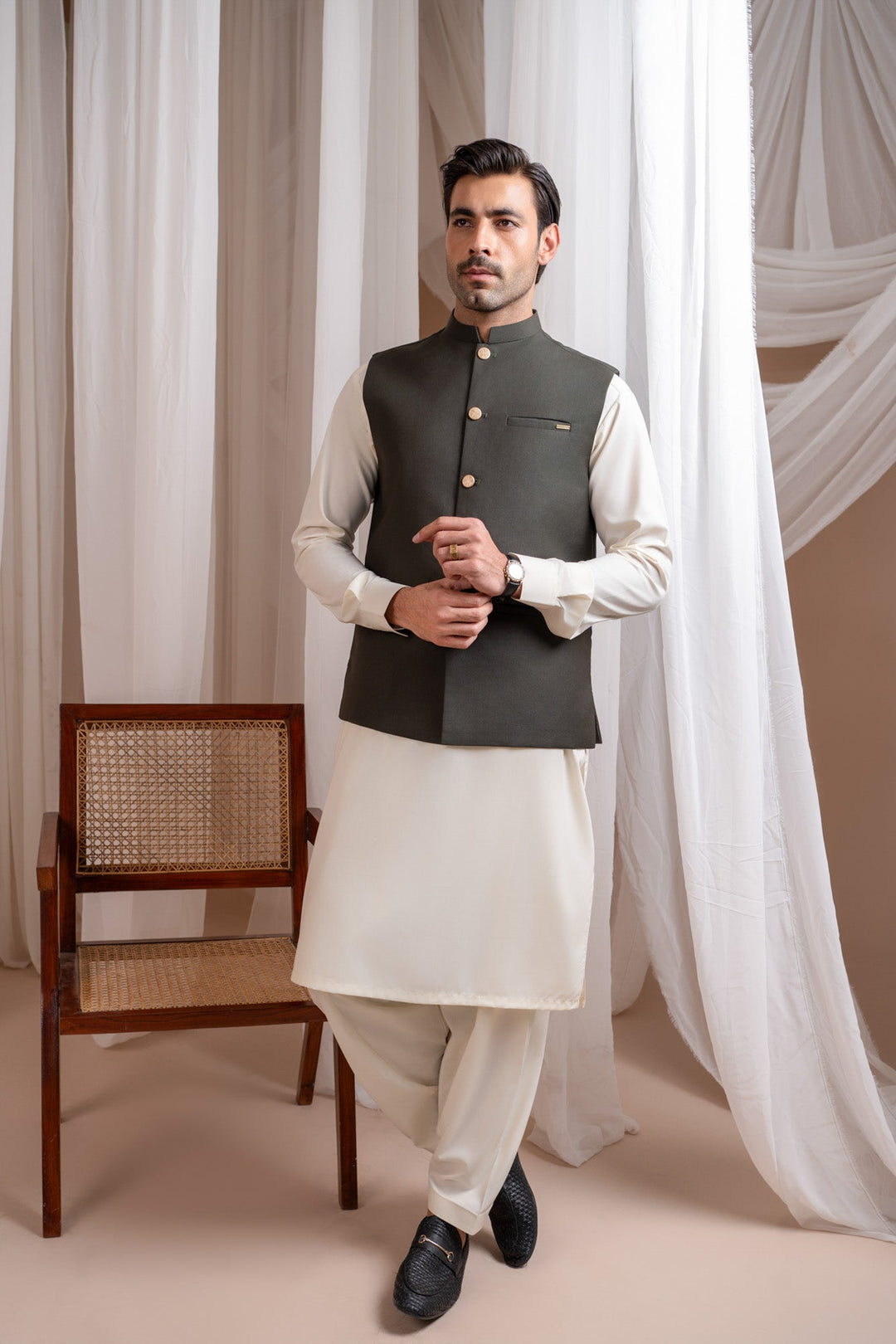 Muraqsh Ready To Wear Solids Bosky Men Bosky White Kurta Shalwar with Army Green Suiting Waistcoat Straight Cut MUR-BWKSW-KT - Summer Collection