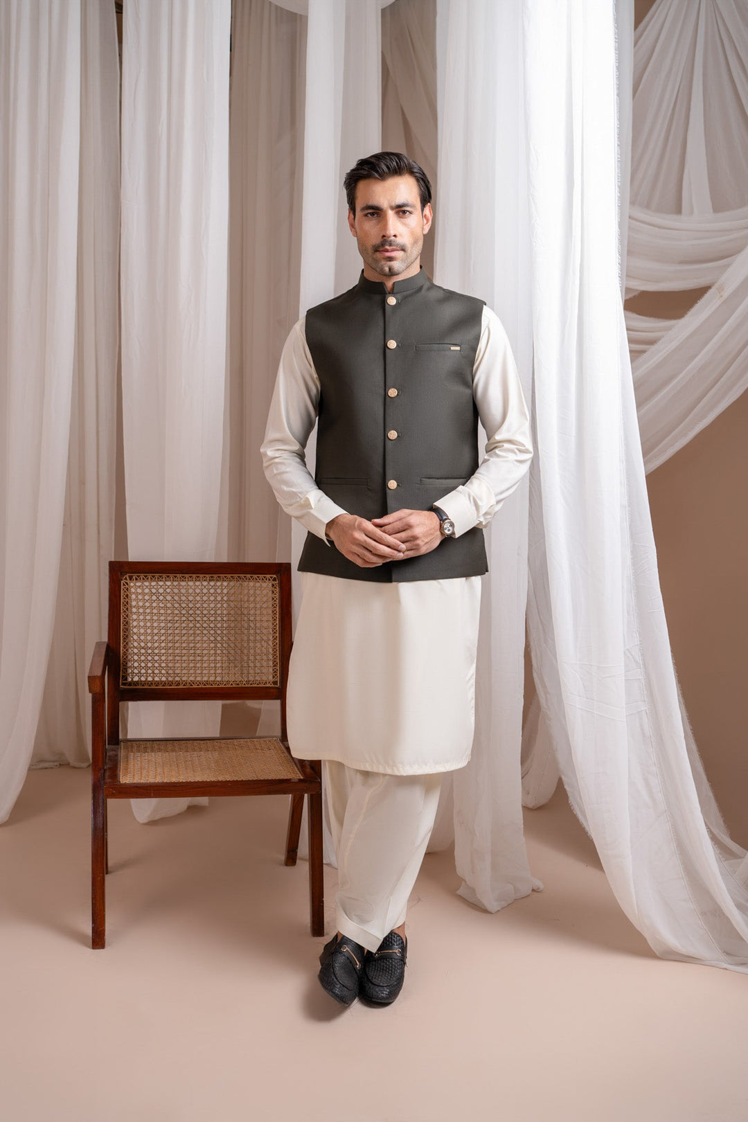 Muraqsh Ready To Wear Solids Bosky Men Bosky White Kurta Shalwar with Army Green Suiting Waistcoat Straight Cut MUR-BWKSW-KT - Summer Collection