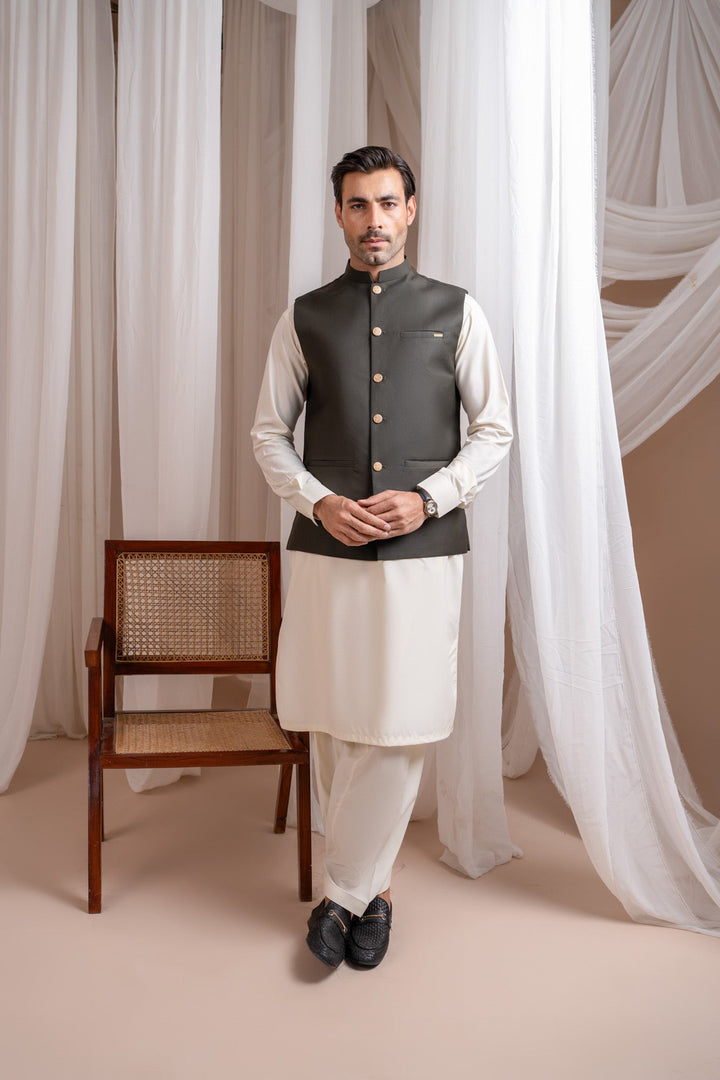 Muraqsh Ready To Wear Solids Bosky Men Bosky White Kurta Shalwar with Army Green Suiting Waistcoat Straight Cut MUR-BWKSW-KT - Summer Collection