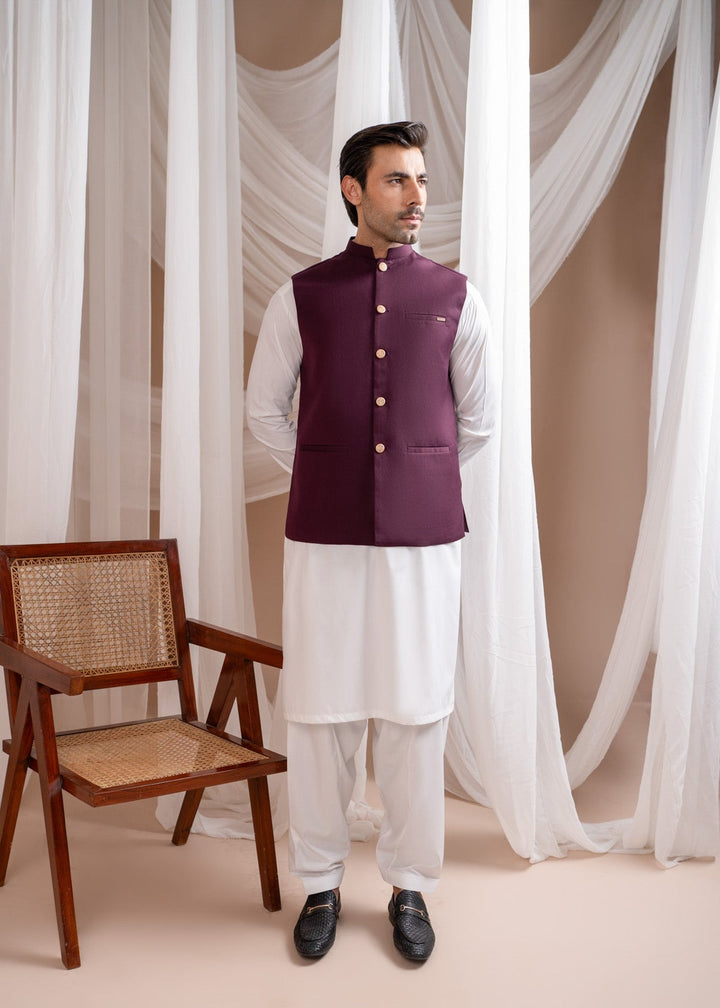 Muraqsh Ready To Wear Solids Cotton Men Off White Kurta Shalwar with Burgundy Suiting Waistcoat Straight Cut MUR-OWKSW-KT - Summer Collection