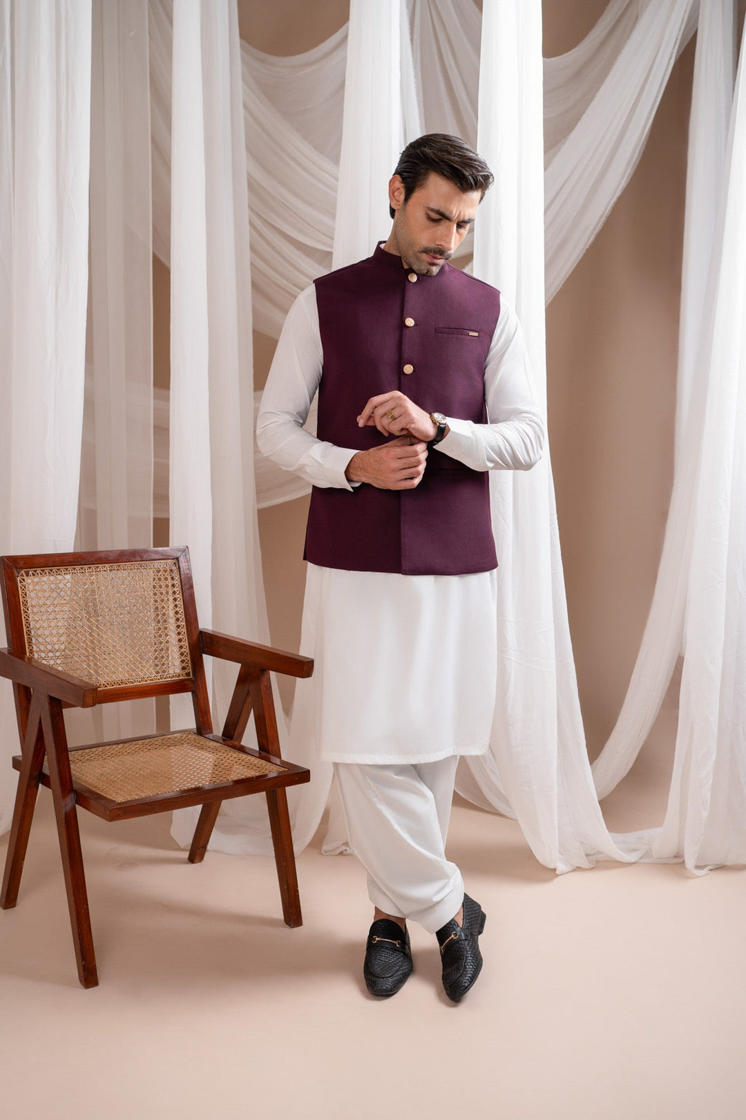 Muraqsh Ready To Wear Solids Cotton Men Off White Kurta Shalwar with Burgundy Suiting Waistcoat Straight Cut MUR-OWKSW-KT - Summer Collection