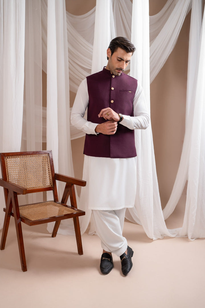 Muraqsh Ready To Wear Solids Cotton Men Off White Kurta Shalwar with Burgundy Suiting Waistcoat Straight Cut MUR-OWKSW-KT - Summer Collection