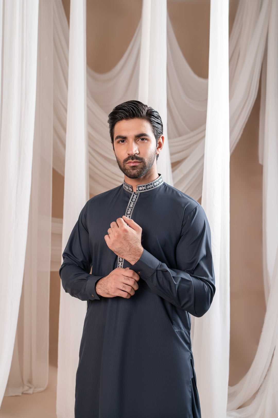 Muraqsh Ready To Wear Embroidered Cotton Men Formal Grey Kurta Shalwar Collar Neck MUR-FGKS - Summer Collection