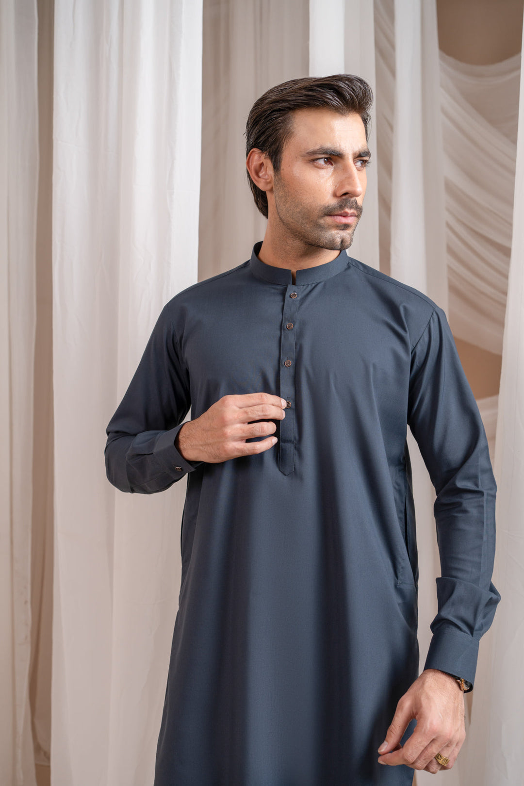 Muraqsh Ready To Wear Solids Cotton Men Charcoal Grey Kurta Trouser/Shalwar MUR-CGKT-KS - Summer Collection