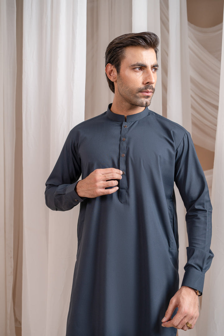 Muraqsh Ready To Wear Solids Cotton Men Charcoal Grey Kurta Trouser/Shalwar MUR-CGKT-KS - Summer Collection
