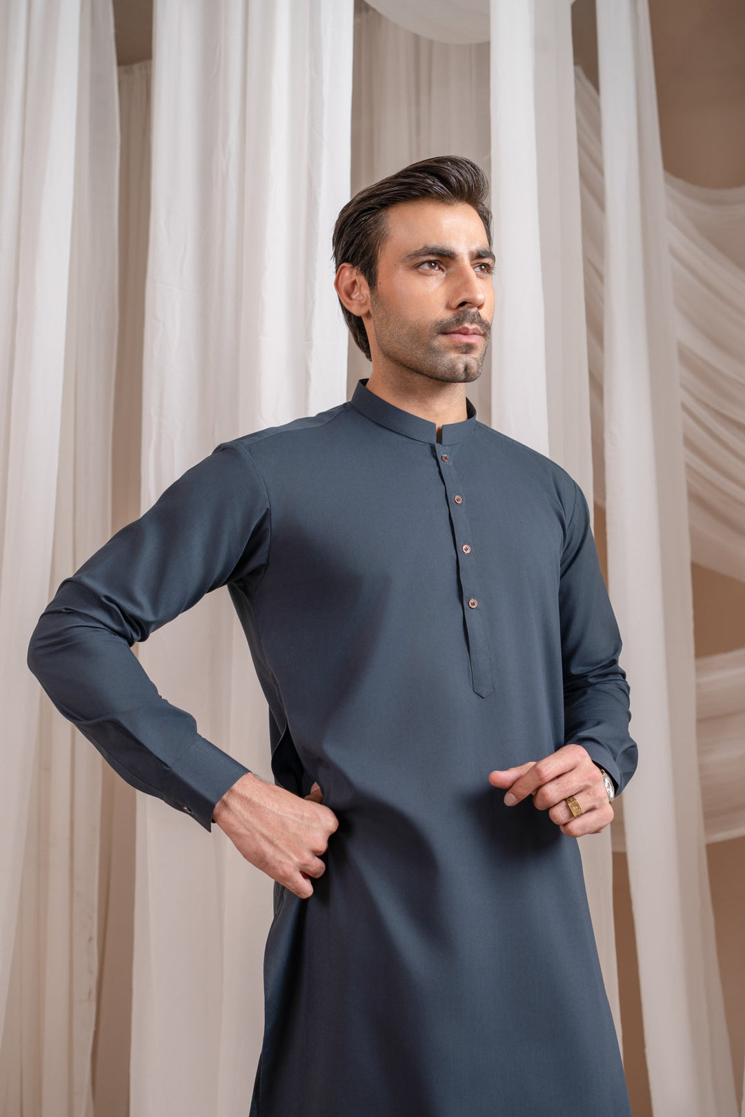 Muraqsh Ready To Wear Solids Cotton Men Charcoal Grey Kurta Trouser/Shalwar MUR-CGKT-KS - Summer Collection
