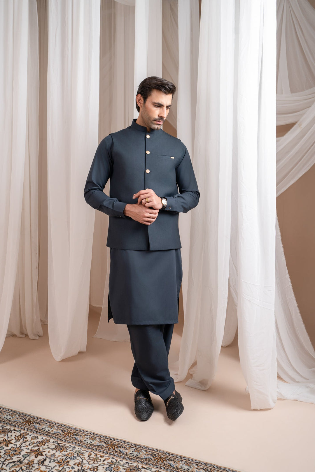 Muraqsh Ready To Wear Solids Cotton Men Charcoal Grey Kurta Shalwar with Suiting Waistcoat Straight Cut MUR-CGKSW-KT - Summer Collection