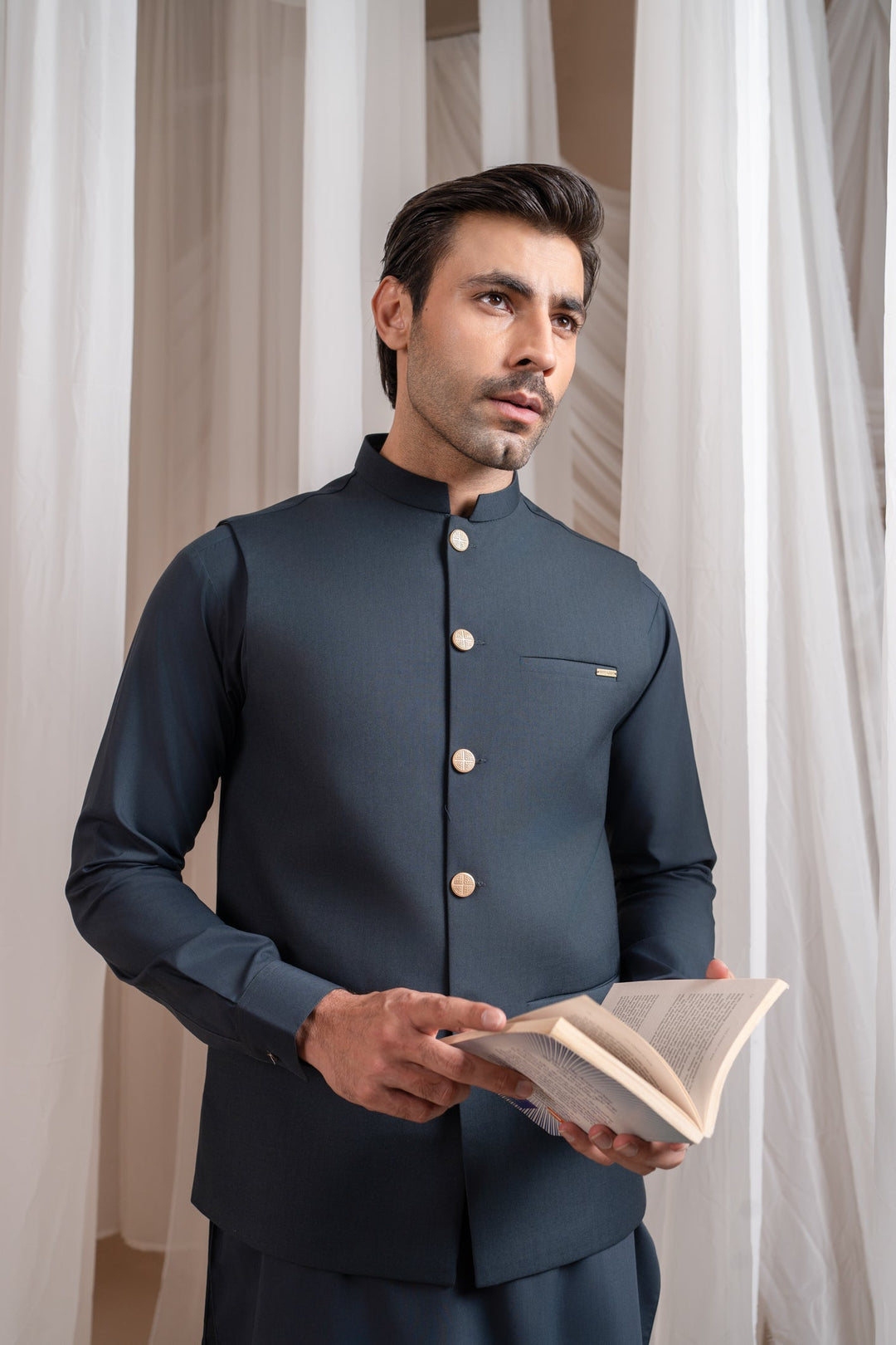 Muraqsh Ready To Wear Solids Cotton Men Charcoal Grey Kurta Shalwar with Suiting Waistcoat Straight Cut MUR-CGKSW-KT - Summer Collection