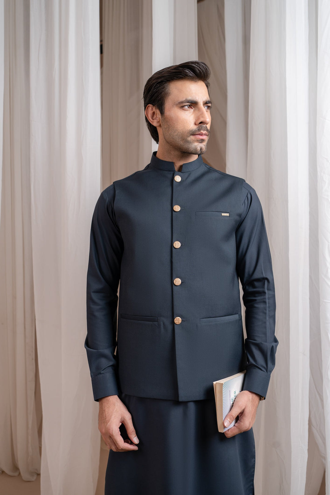 Muraqsh Ready To Wear Solids Cotton Men Charcoal Grey Kurta Shalwar with Suiting Waistcoat Straight Cut MUR-CGKSW-KT - Summer Collection