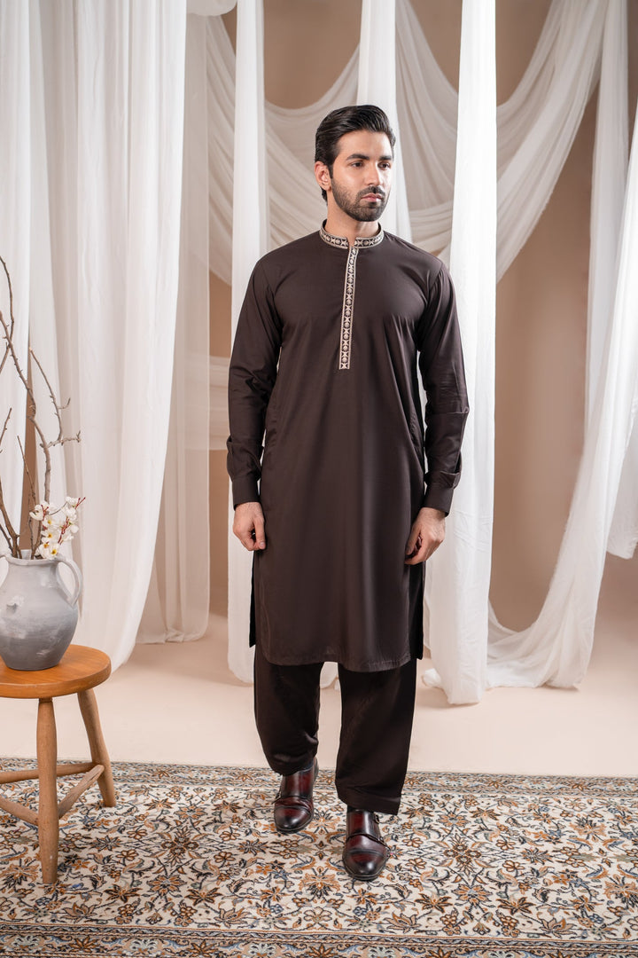 Muraqsh Ready To Wear Embroidered Cotton Men Formal Dark Brown Kurta Shalwar Collar Neck MUR-FDBKS - Summer Collection
