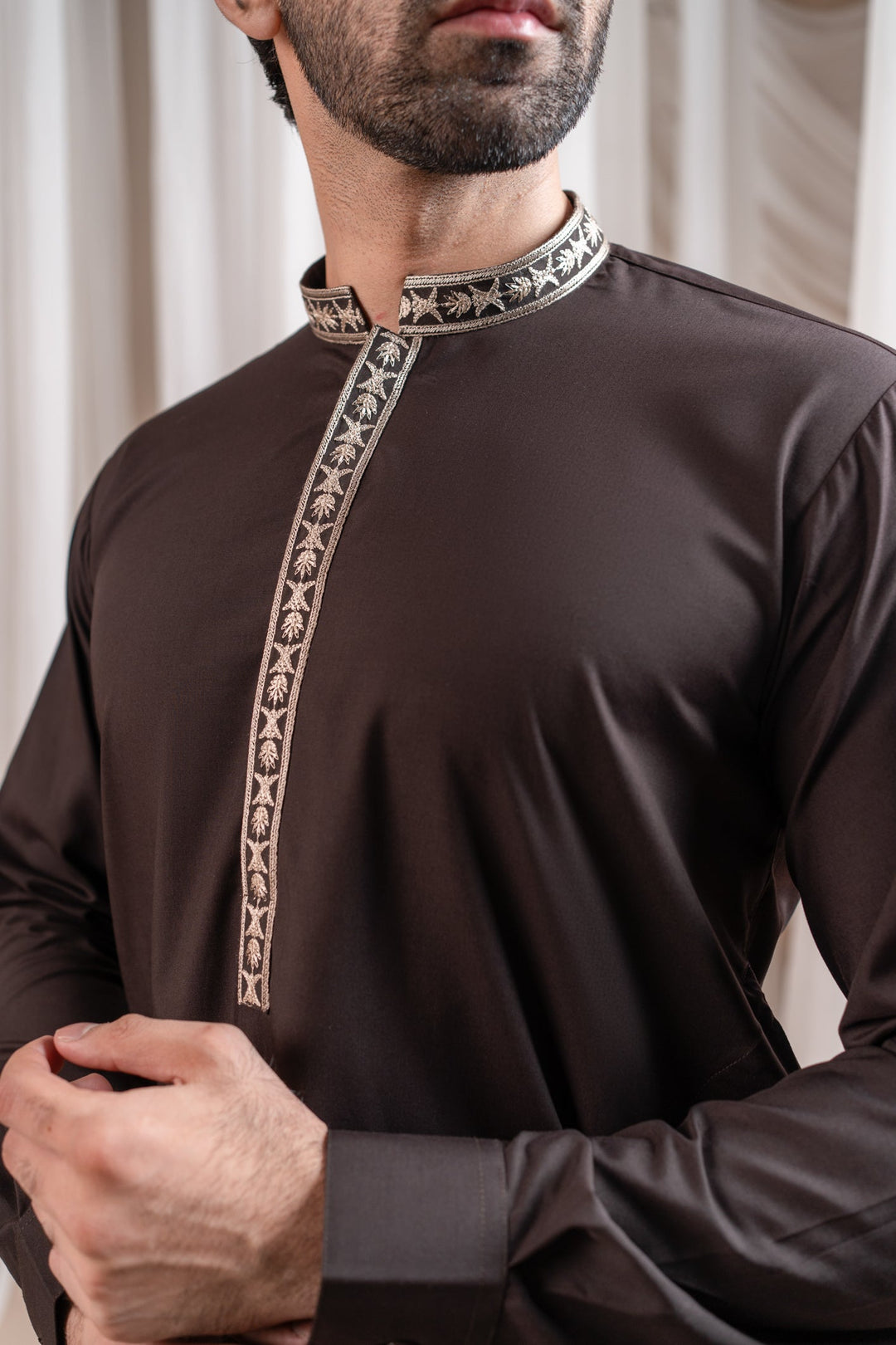 Muraqsh Ready To Wear Embroidered Cotton Men Formal Dark Brown Kurta Shalwar Collar Neck MUR-FDBKS - Summer Collection