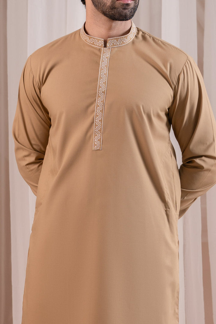 Muraqsh Ready To Wear Embroidered Cotton Men Formal Camel Kurta Shalwar Collar Neck MUR-FCKS - Summer Collection