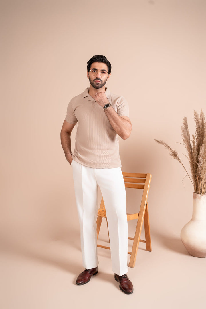 Muraqsh Ready To Wear Solids Cotton Men Beige Drop Needle Revere Polo ABD-BDNRP - Summer Collection