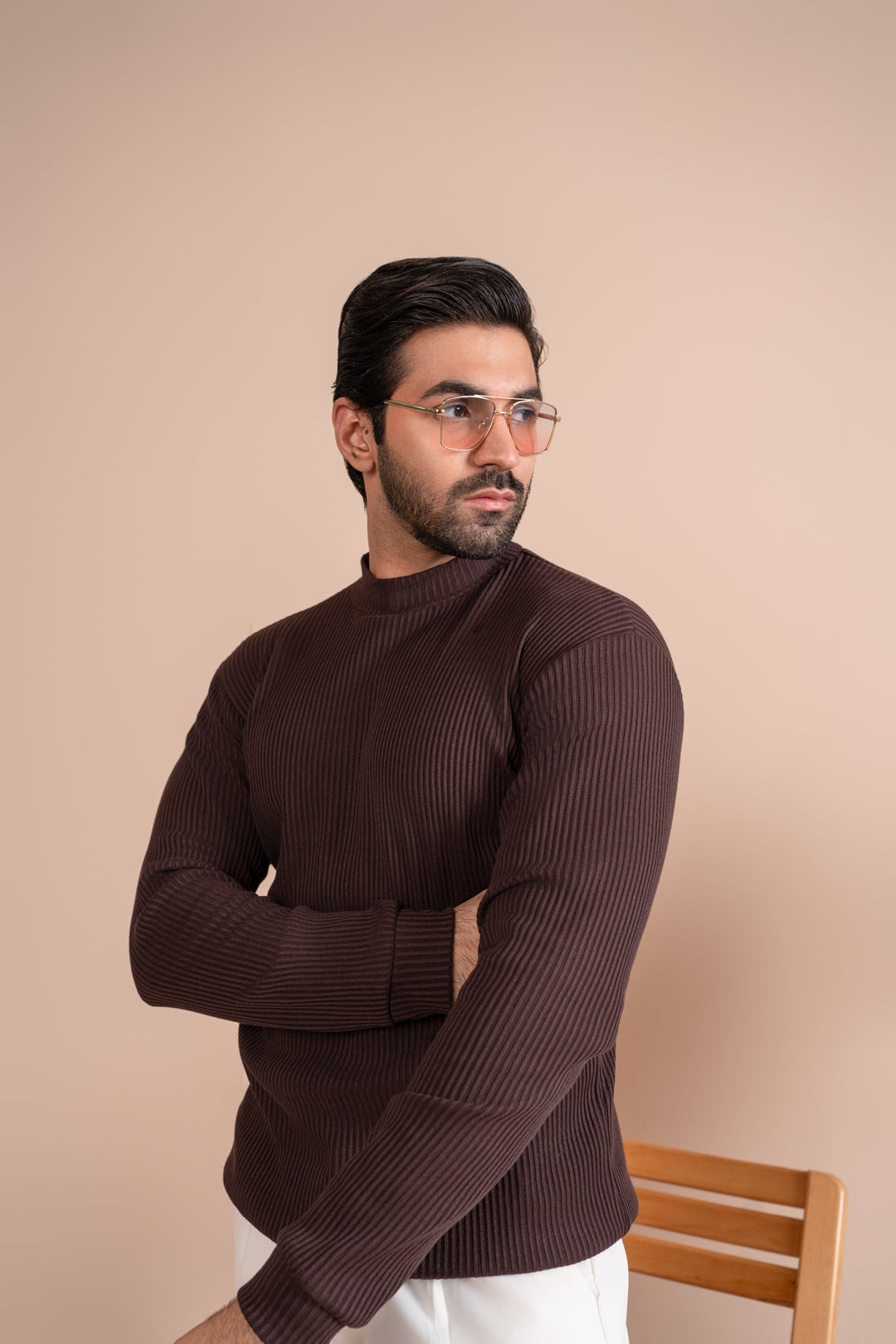Muraqsh Ready To Wear Solids Cotton Men Ribbed Brown Mock Neck Relaxed Fit ABD-RBMN - Summer Collection