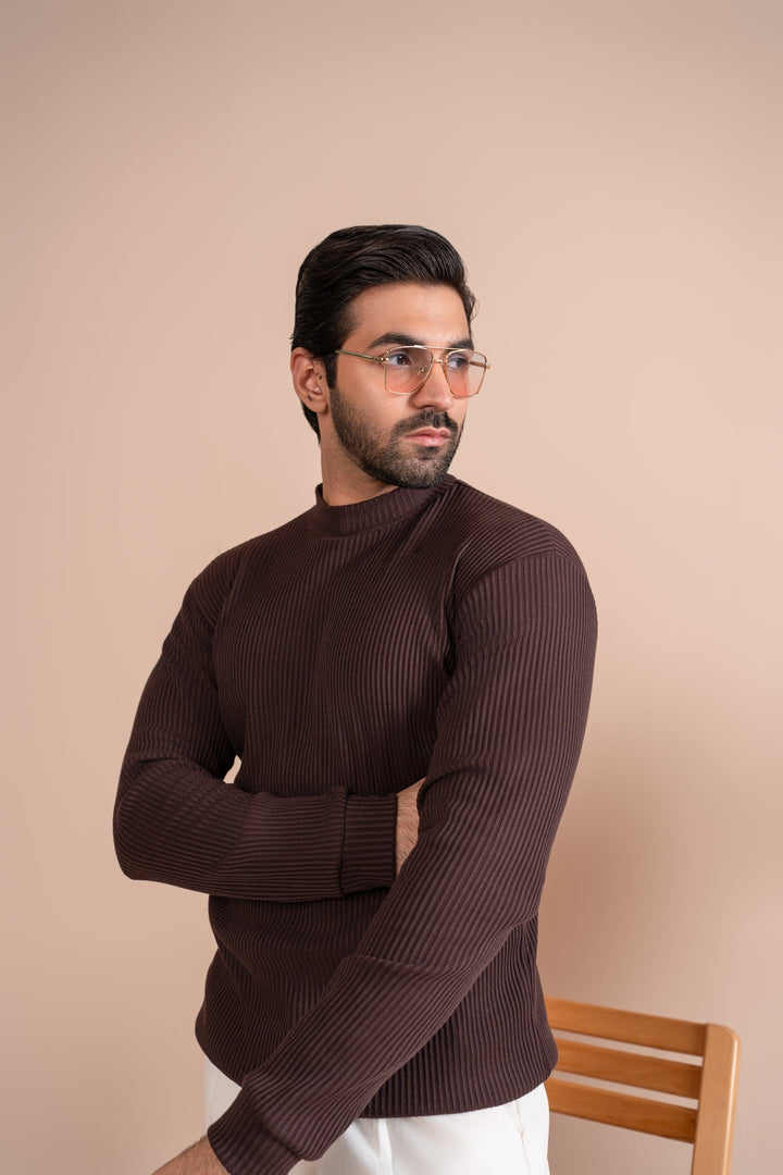 Muraqsh Ready To Wear Solids Cotton Men Ribbed Brown Mock Neck Relaxed Fit ABD-RBMN - Summer Collection