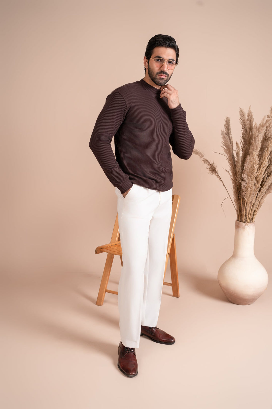 Muraqsh Ready To Wear Solids Cotton Men Ribbed Brown Mock Neck Relaxed Fit ABD-RBMN - Summer Collection