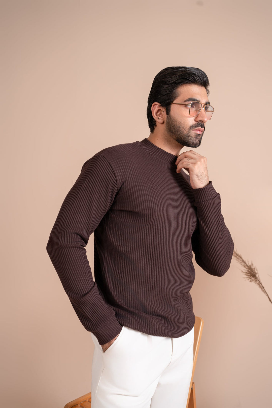 Muraqsh Ready To Wear Solids Cotton Men Ribbed Brown Mock Neck Relaxed Fit ABD-RBMN - Summer Collection
