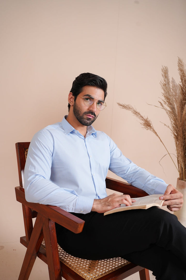 Muraqsh Ready To Wear Solids Cotton Men Blue Lining Formal Shirt ABD-BLFS - Summer Collection