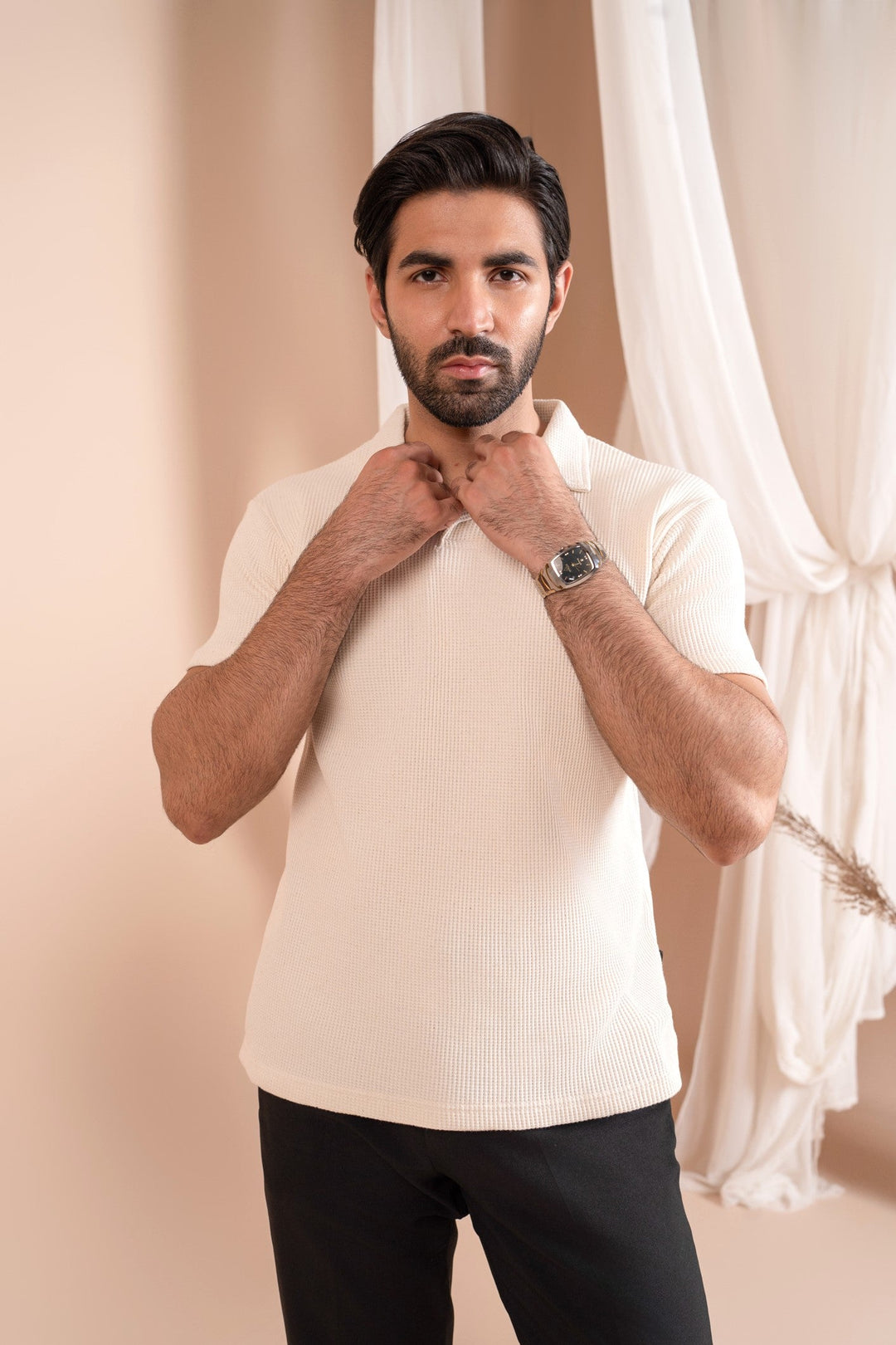 Muraqsh Ready To Wear Solids Cotton Men Waffle Off-White Revere Polo ABD-WORP - Summer Collection