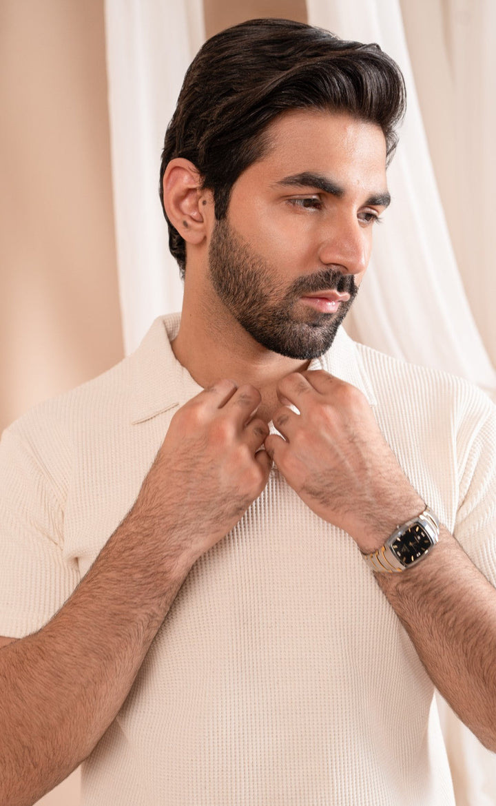 Muraqsh Ready To Wear Solids Cotton Men Waffle Off-White Revere Polo ABD-WORP - Summer Collection