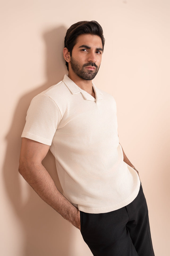 Muraqsh Ready To Wear Solids Cotton Men Waffle Off-White Revere Polo ABD-WORP - Summer Collection