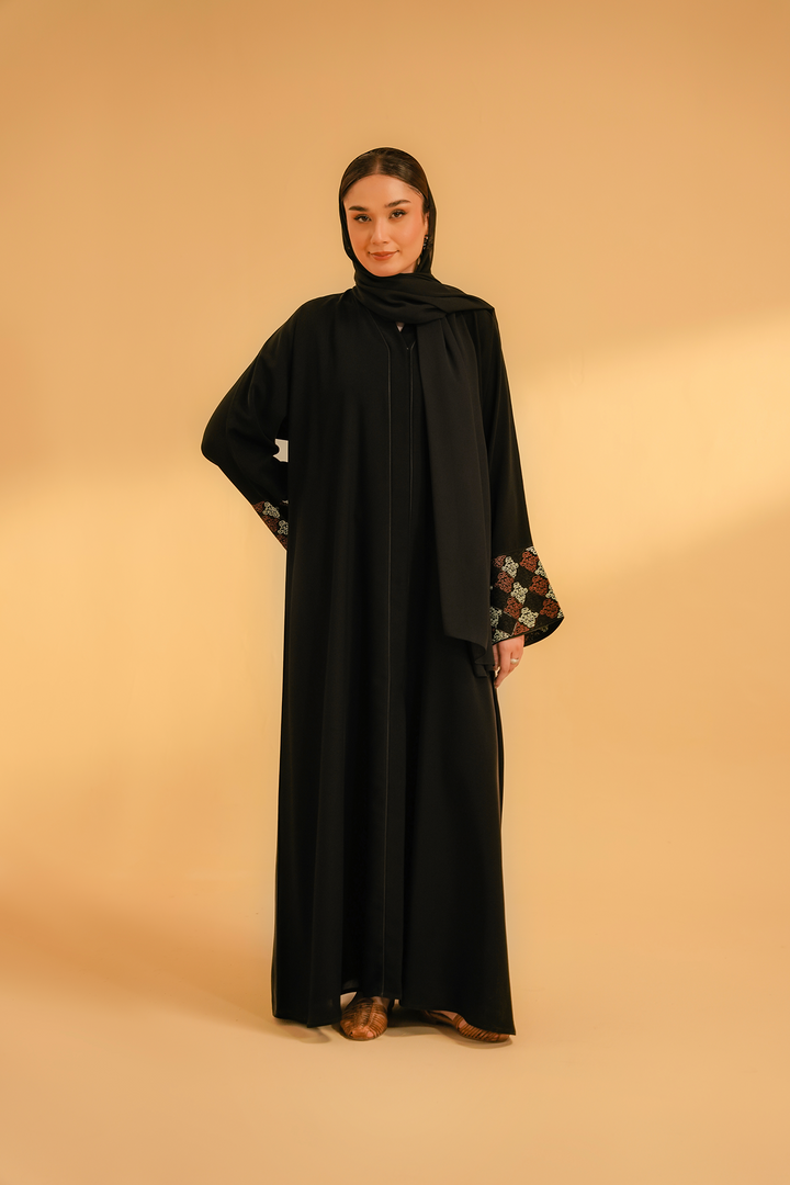 Divinely Crafted Abaya Casual Crepe 1 Piece Cuff Embroidered Abaya | Black