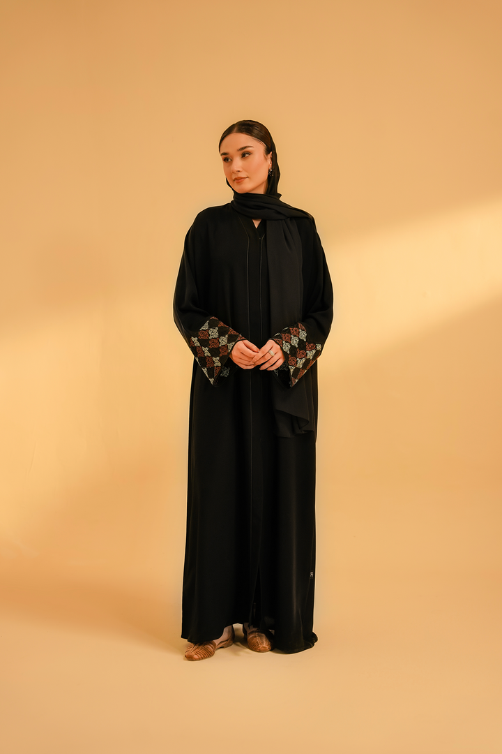 Divinely Crafted Abaya Casual Crepe 1 Piece Cuff Embroidered Abaya | Black