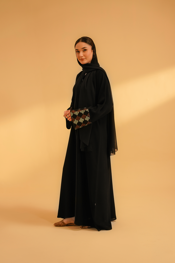 Divinely Crafted Abaya Casual Crepe 1 Piece Cuff Embroidered Abaya | Black
