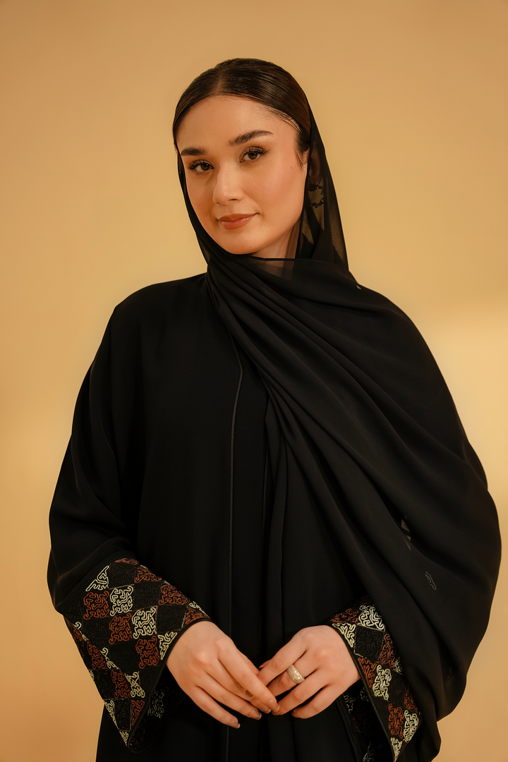 Divinely Crafted Abaya Casual Crepe 1 Piece Cuff Embroidered Abaya | Black