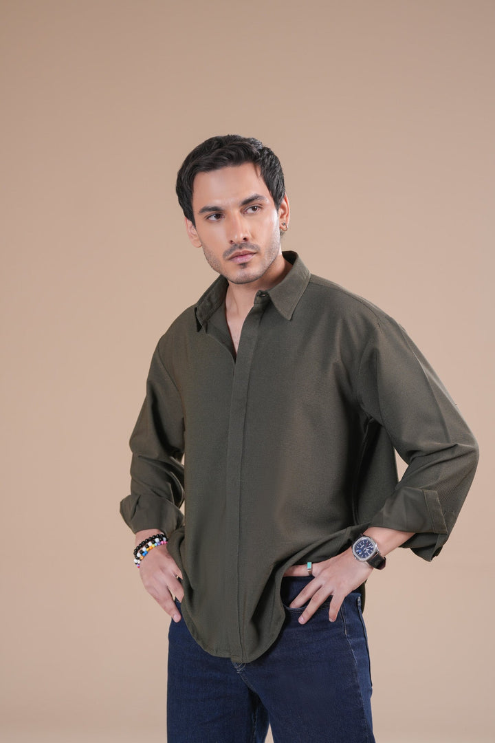 Muraqsh Ready To Wear Solids Poplin Men Olive Honeycomb Interlock Poplin Shirt ABD-OHIPS - Summer Collection