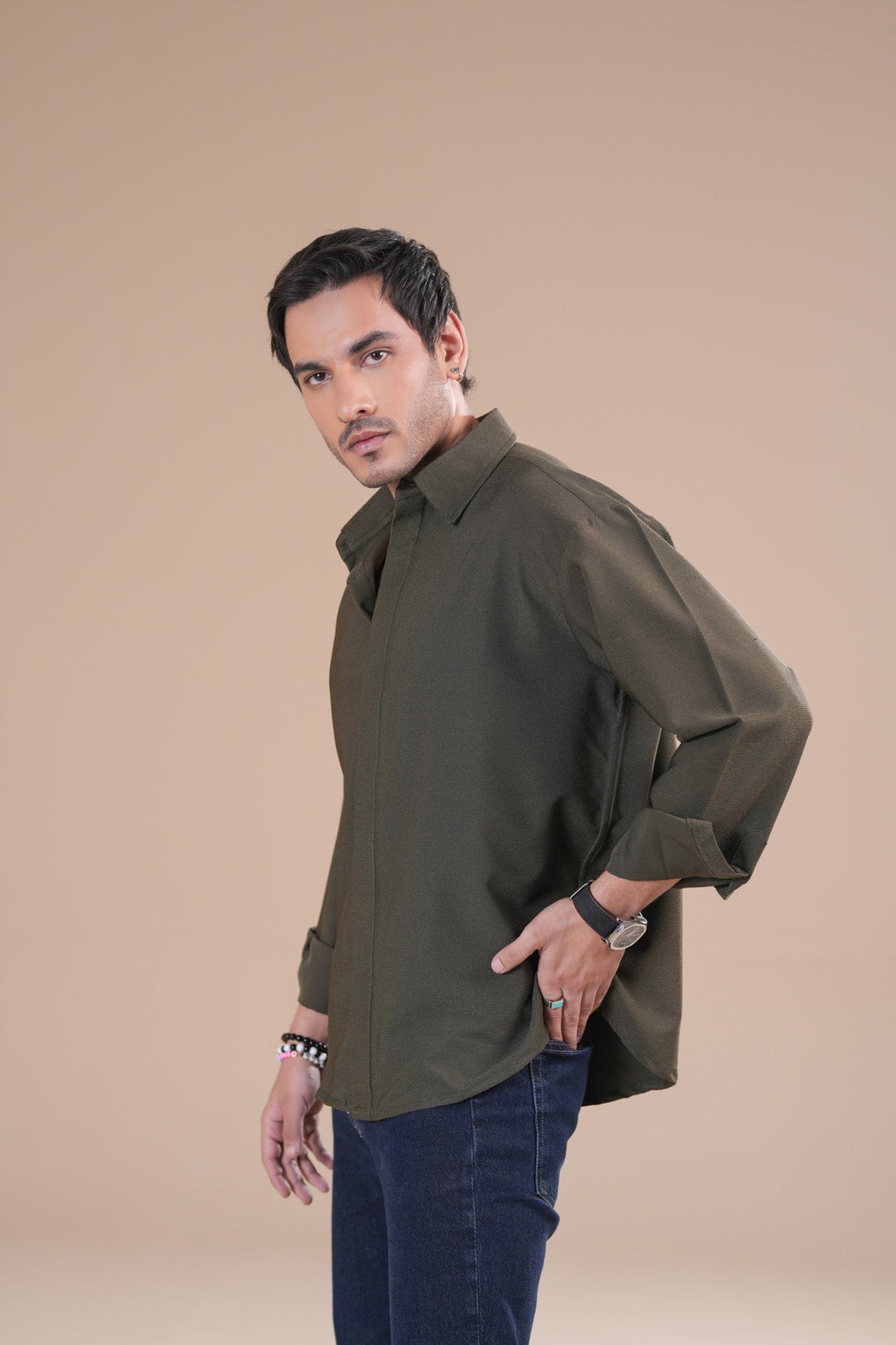 Muraqsh Ready To Wear Solids Poplin Men Olive Honeycomb Interlock Poplin Shirt ABD-OHIPS - Summer Collection
