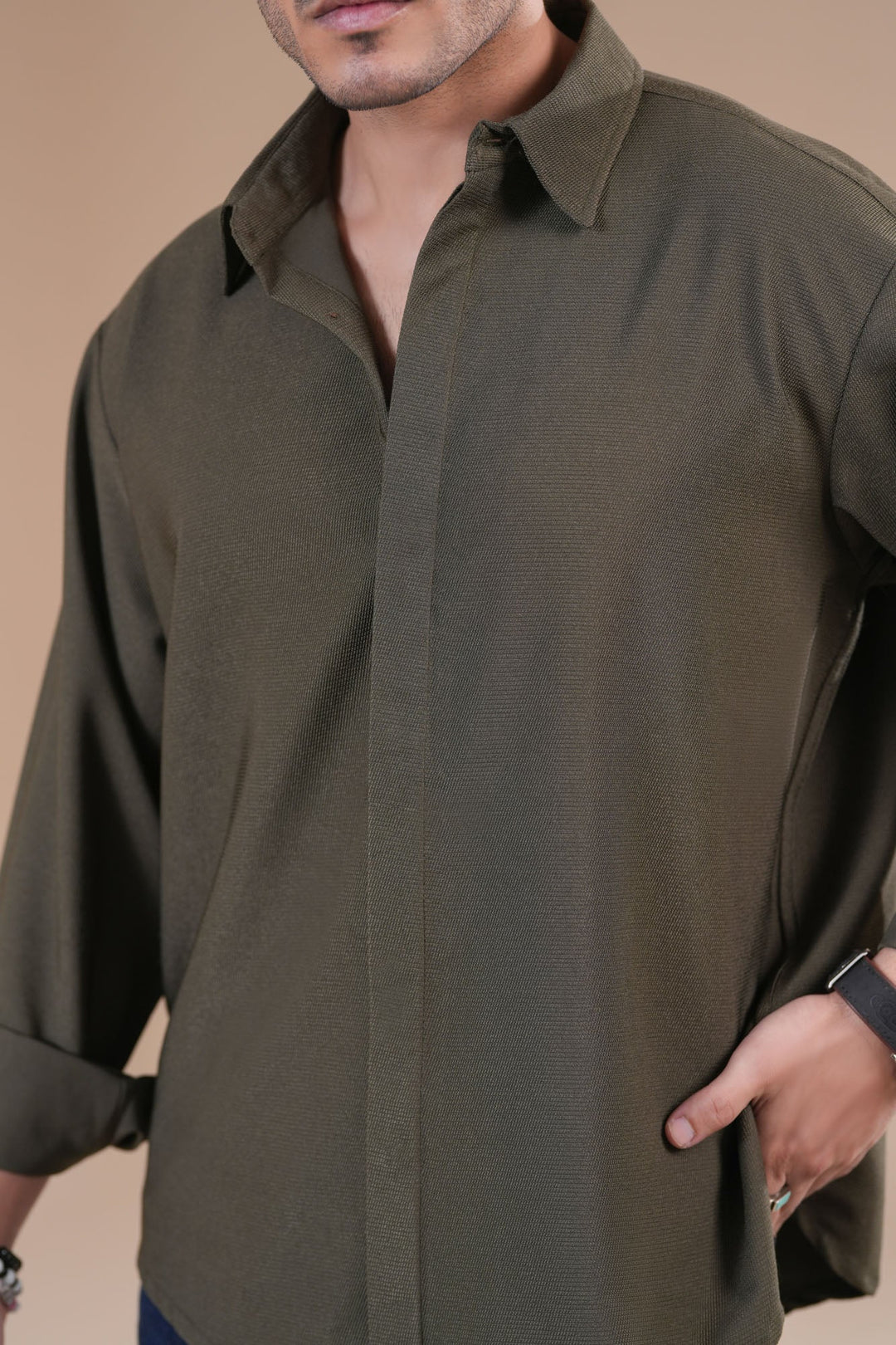 Muraqsh Ready To Wear Solids Poplin Men Olive Honeycomb Interlock Poplin Shirt ABD-OHIPS - Summer Collection