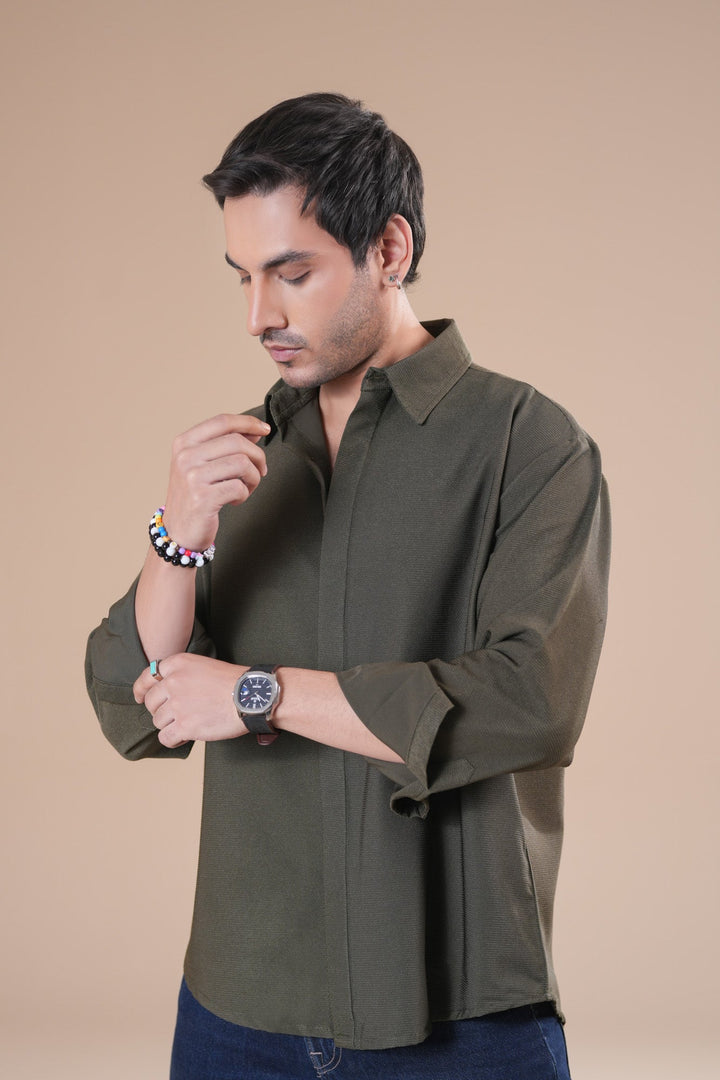 Muraqsh Ready To Wear Solids Poplin Men Olive Honeycomb Interlock Poplin Shirt ABD-OHIPS - Summer Collection