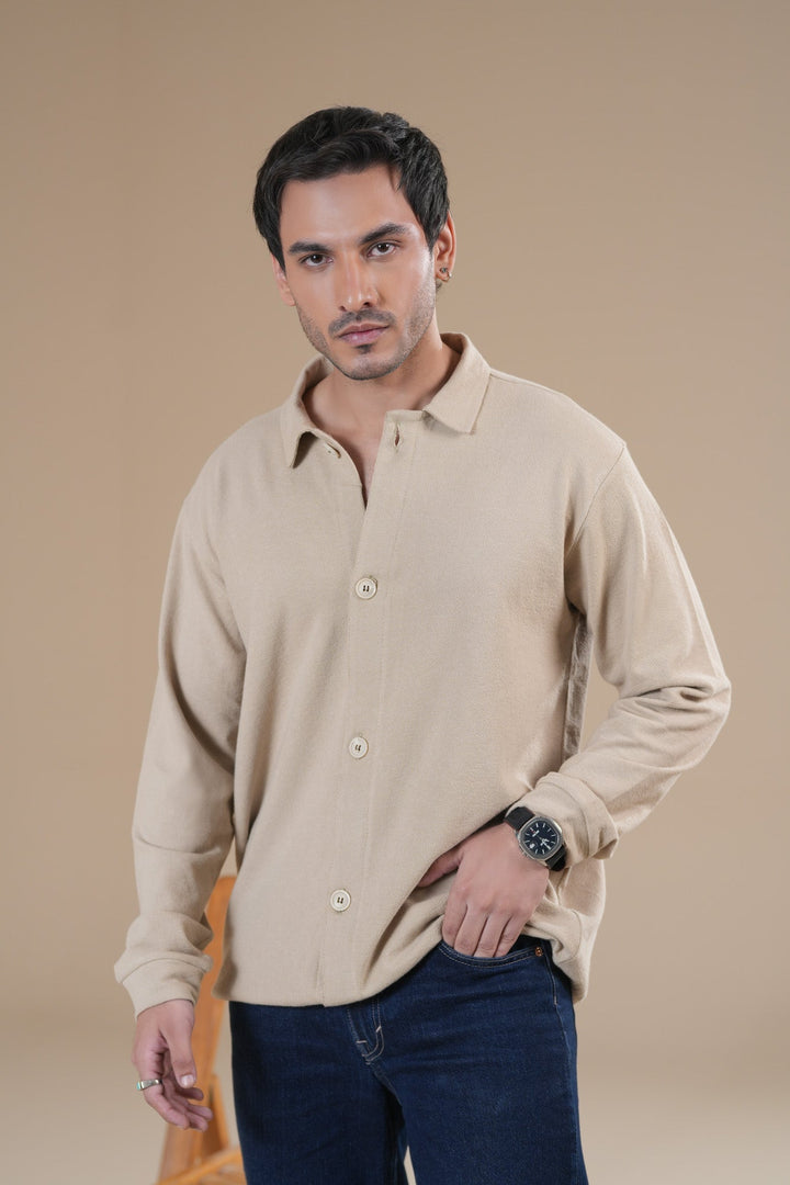 Muraqsh Ready To Wear Solids Cotton Men Beige Polo Collar Cardigan ABD-BPCC - Winter Collection