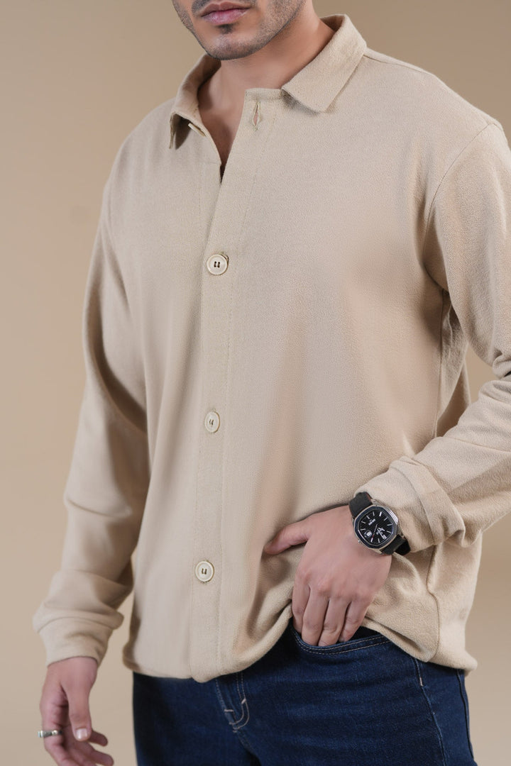 Muraqsh Ready To Wear Solids Cotton Men Beige Polo Collar Cardigan ABD-BPCC - Winter Collection
