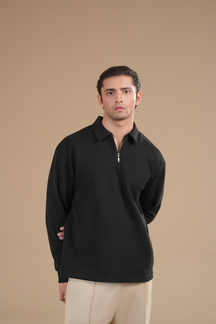 Muraqsh Ready To Wear Solids Cotton Men Black Interlock Zipper Polo Full Sleeves ABD-BIZP - Summer Collection