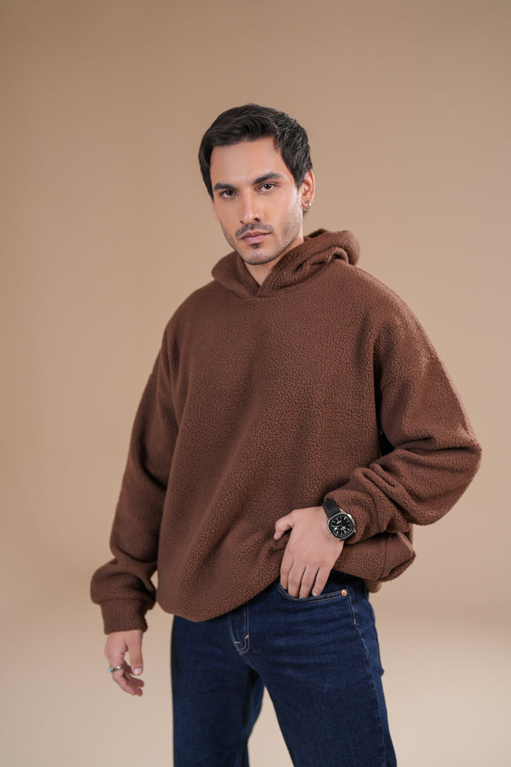 Muraqsh Ready To Wear Solids Fleece Men Brown Sherpa Hoodie Relaxed Fit ABD-BSH-R - Winter Collection