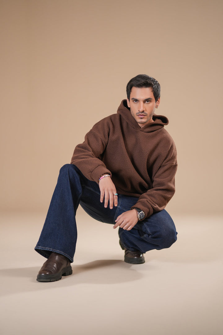 Muraqsh Ready To Wear Solids Fleece Men Brown Sherpa Hoodie Relaxed Fit ABD-BSH-R - Winter Collection