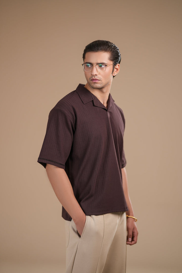 Muraqsh Ready To Wear Solids Waffle Men Brown Ribbed Boxy Revere Polo ABD-BBWRP - Summer Collection