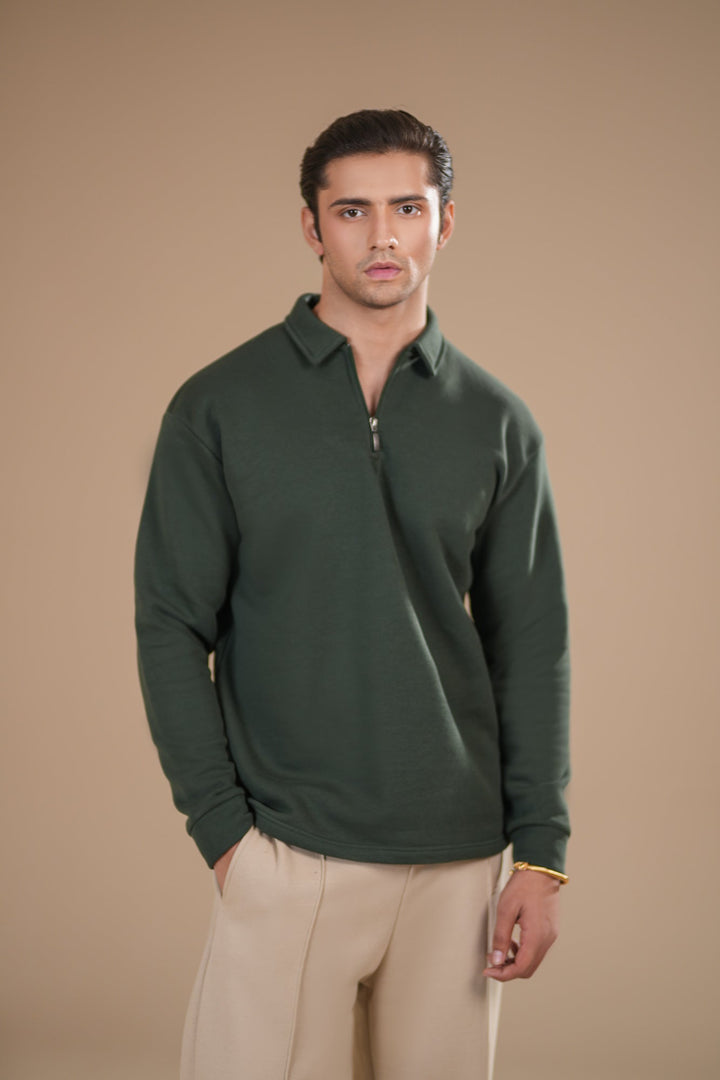 Muraqsh Ready To Wear Solids Fleece Men Deep Green Fleece Zipper Polo Full Sleeves ABD-DGFZP - Summer Collection