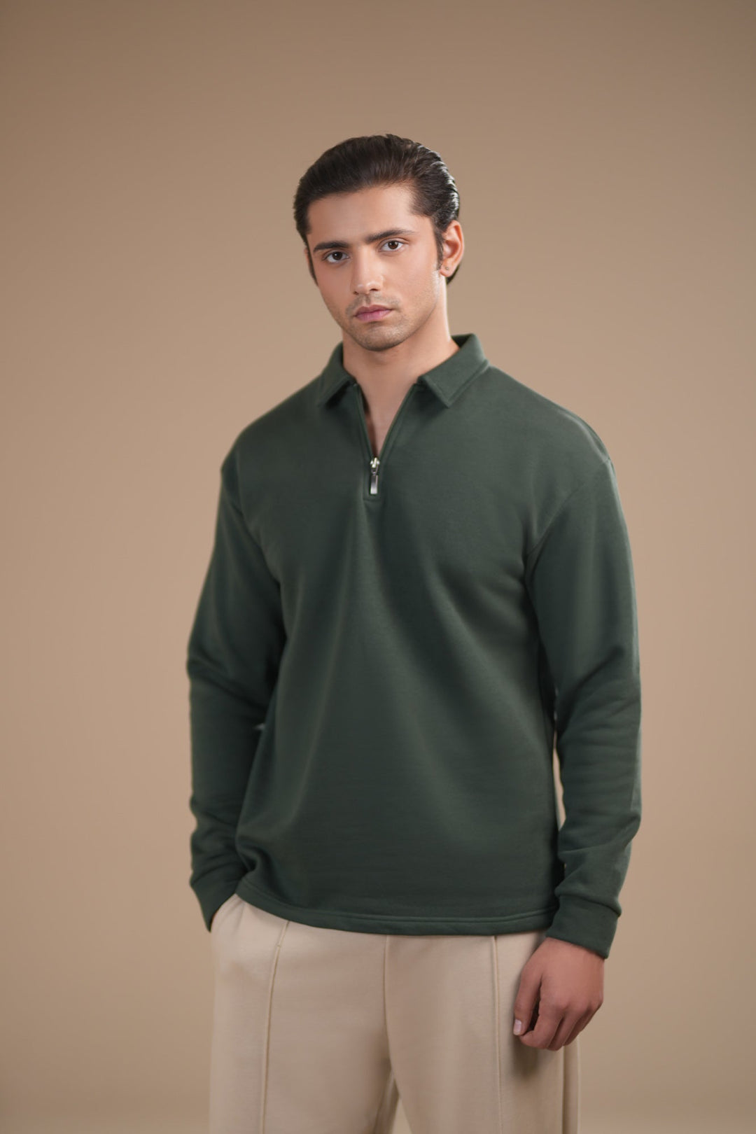 Muraqsh Ready To Wear Solids Fleece Men Deep Green Fleece Zipper Polo Full Sleeves ABD-DGFZP - Summer Collection