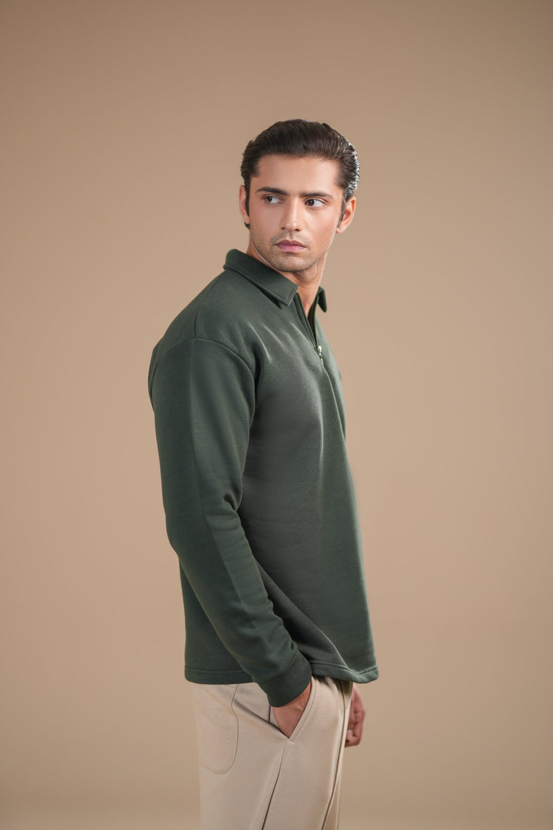 Muraqsh Ready To Wear Solids Fleece Men Deep Green Fleece Zipper Polo Full Sleeves ABD-DGFZP - Summer Collection