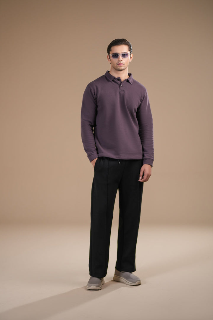 Muraqsh Ready To Wear Solids Fleece Men Deep Purple Fleece Polo Full Sleeves ABD-PFP-F - Summer Collection