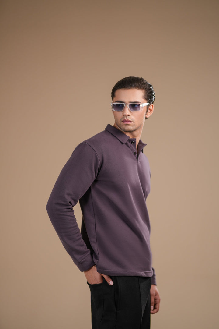 Muraqsh Ready To Wear Solids Fleece Men Deep Purple Fleece Polo Full Sleeves ABD-PFP-F - Summer Collection