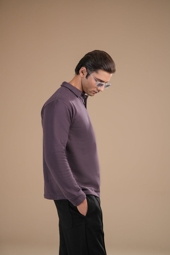 Muraqsh Ready To Wear Solids Fleece Men Deep Purple Fleece Polo Full Sleeves ABD-PFP-F - Summer Collection