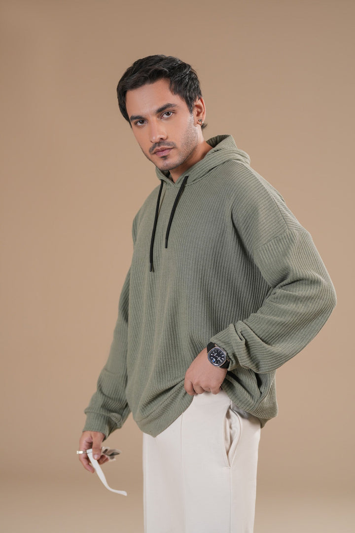 Muraqsh Ready To Wear Solids Cotton Men Olive Waffle Pullover Hoodie Relaxed Fit ABD-OWPH - Summer Collection