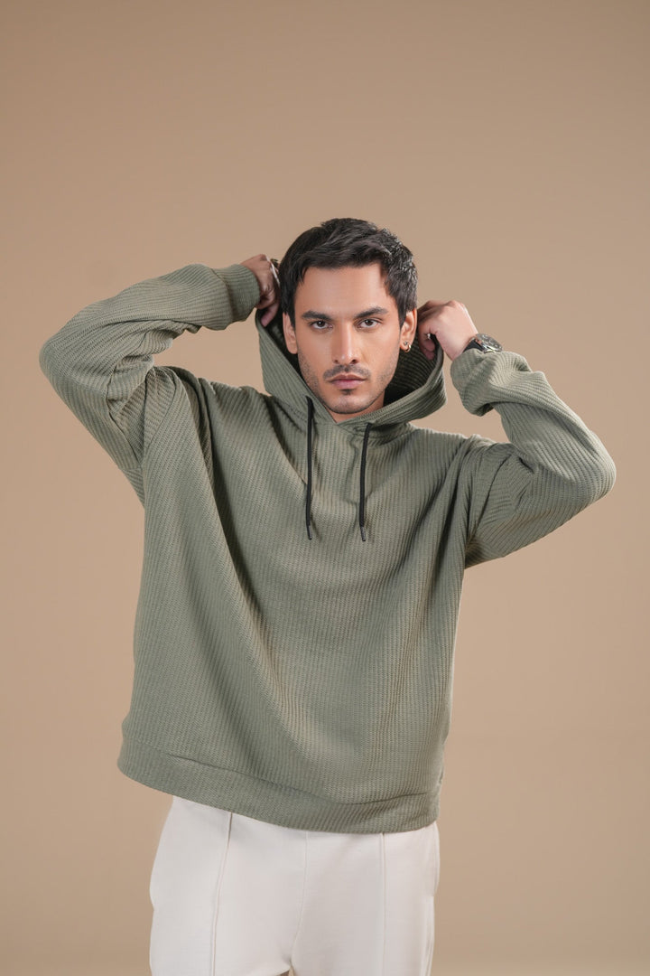Muraqsh Ready To Wear Solids Cotton Men Olive Waffle Pullover Hoodie Relaxed Fit ABD-OWPH - Summer Collection